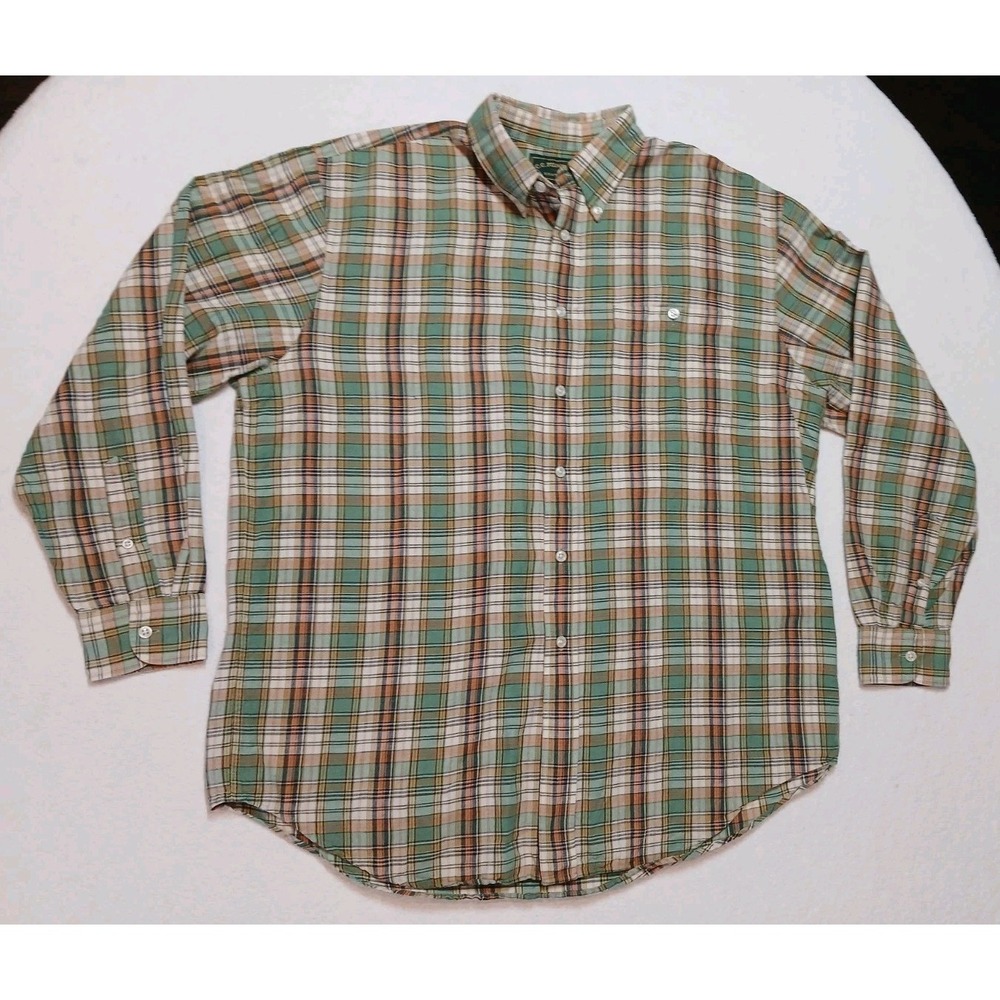 Vintage CC Filson Co Men L Plaid Button Down Shirt Linen Cotton Green Brown 90s